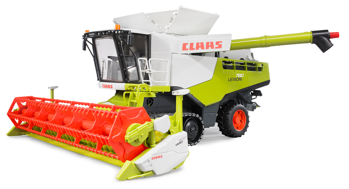 A green and red Claas Lexion 780 Terra Trac combine harvester toy with caterpillar tracks, a steering wheel, and a grain tank.