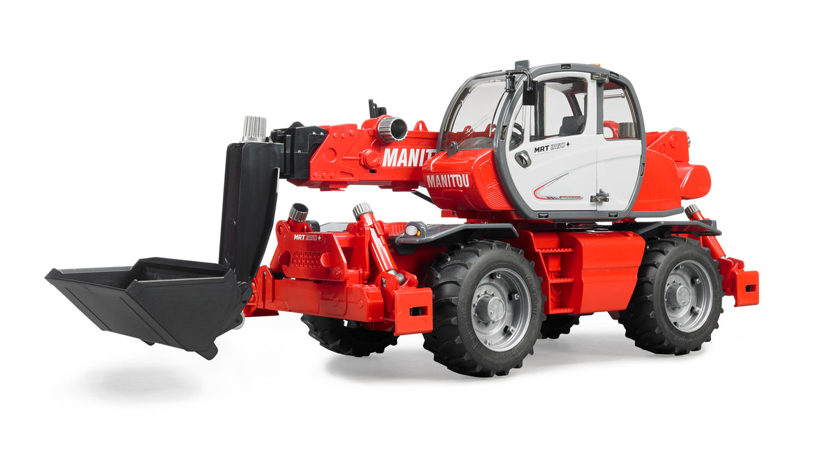 A red and silver Manitou telescopic forklift toy with an extendable arm and four wheels, featuring a bucket attachment and the brand's logo on the side.