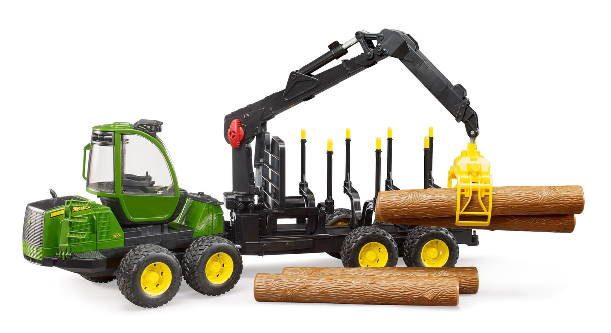 John Deere 1210E Forwarder toy with four tree trunks and a grab crane, featuring green and black colors with yellow wheels and accents.