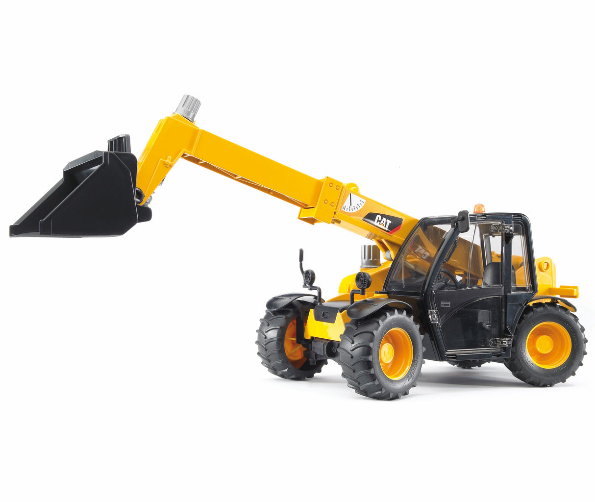 A Bruder toy model of a Cat Telehandler, featuring a yellow and black color scheme, with a telescopic arm and four wheels.
