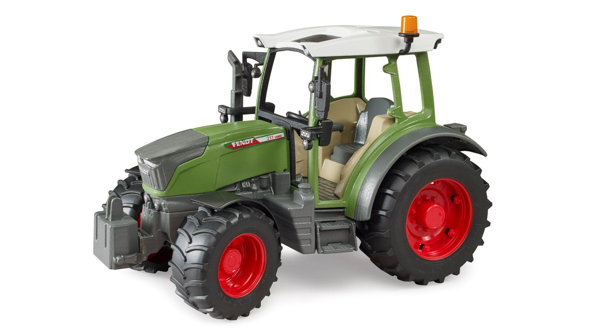 A green and black Bruder toy tractor with red wheels and a detachable front weight.