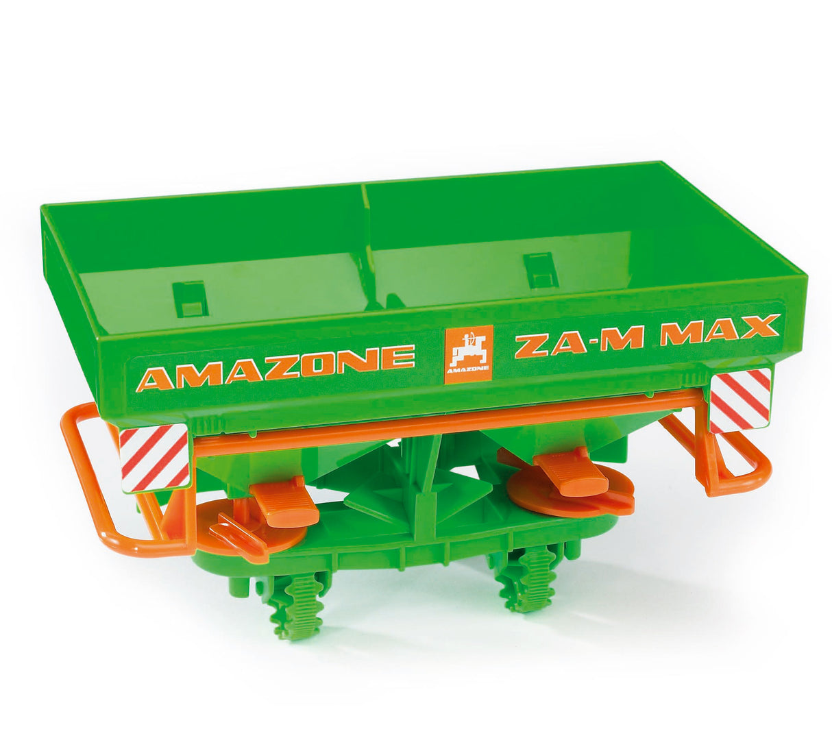 A green and orange Amazone Centrifugal fertilizer spreader toy for tractors.