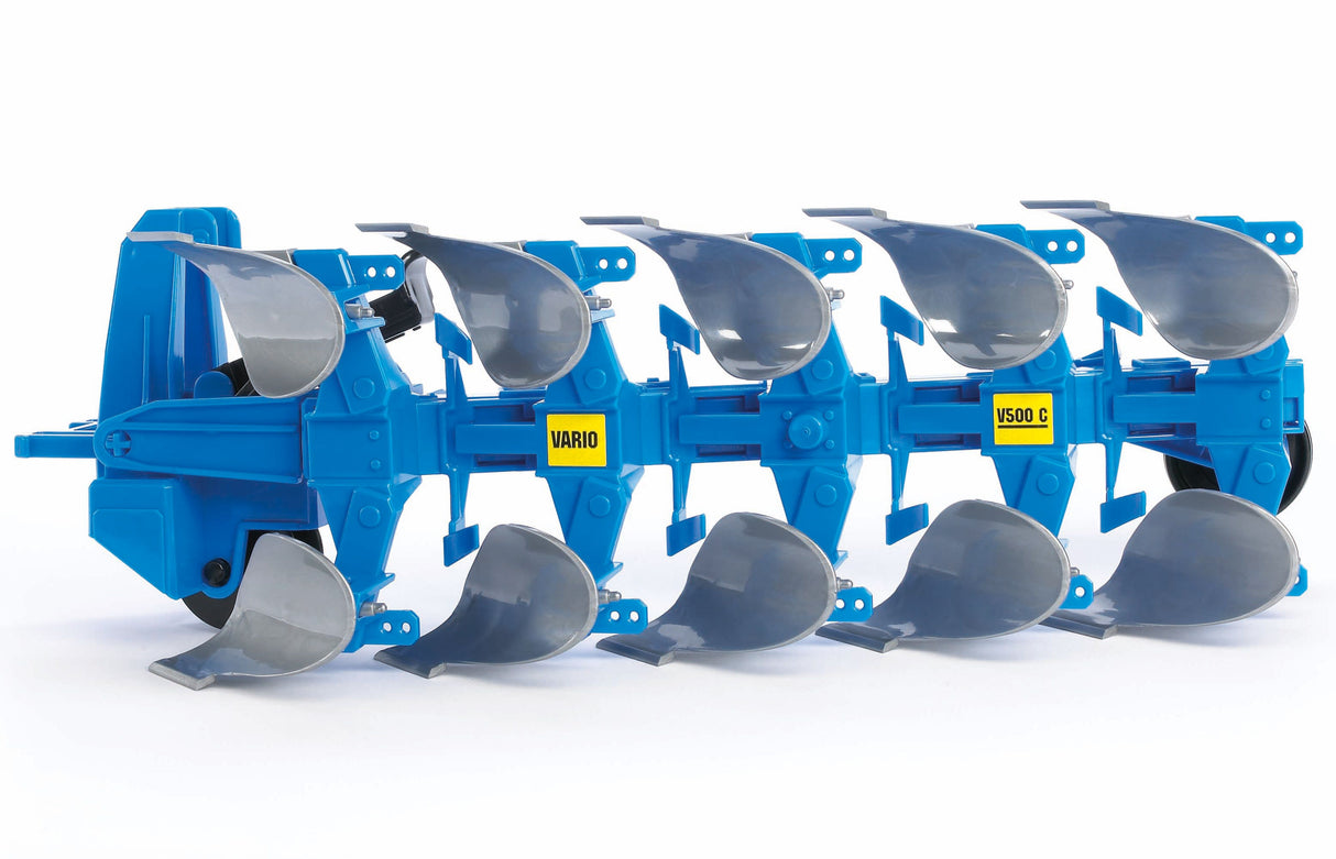 A blue reversible plough for toy tractors, made from high-quality plastics such as ABS.