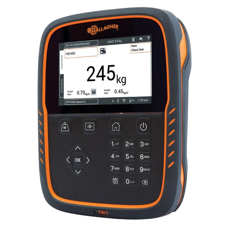 Gallagher TW-1 Weigh Scale with a touch screen interface, an alphanumeric keyboard, and a carrying case.