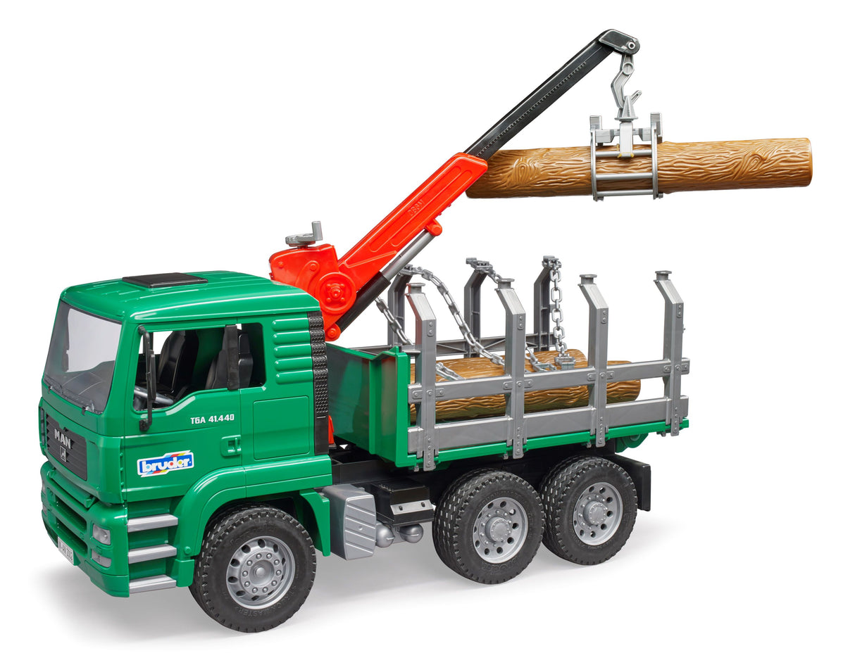 A green MAN timber truck with a loading crane in a tipping position, featuring a driver's cab, foldable side walls, and tread tyres. Three tree trunks are attached to the crane.