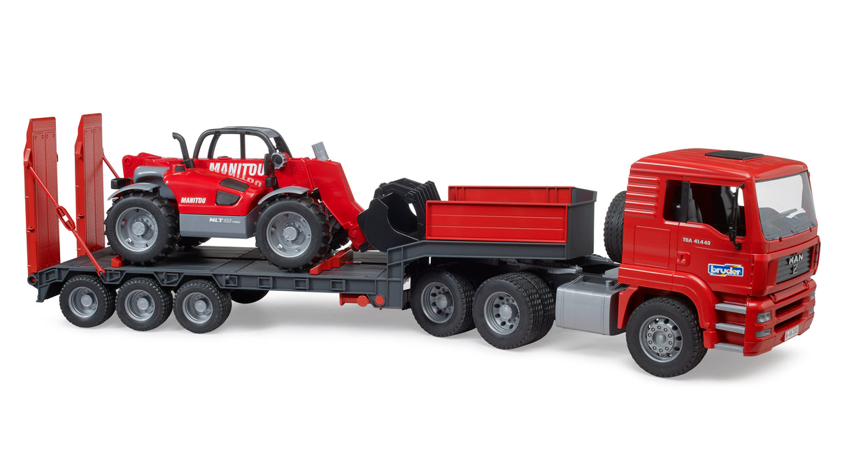 A Bruder toy truck model featuring a MAN TGA truck with a low loader trailer and a Manitou telehandler. The toy truck is red with black and gray accents, and it's equipped with a trailer carrying a construction machine.