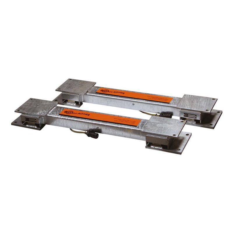 A set of two gray, metal load bars with orange and black detailing, designed for use in livestock platforms.