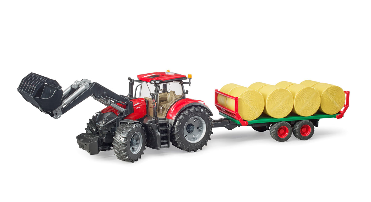 A toy model of a Case IH Optum 300CVX tractor with a bale transport trailer, featuring a red and black tractor with a gray cab, carrying eight round bales.