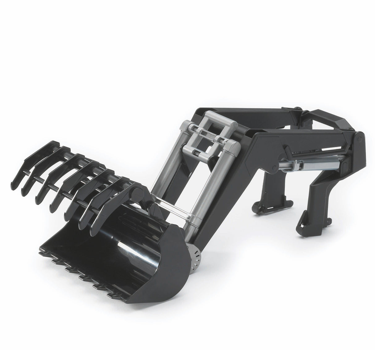 A black and silver toy front loader for tractor play, featuring a shovel design and a set of grabbing hooks.