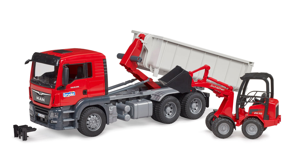 MAN TGS truck with roll-off container and Schäffer yard loader - Farm Toy