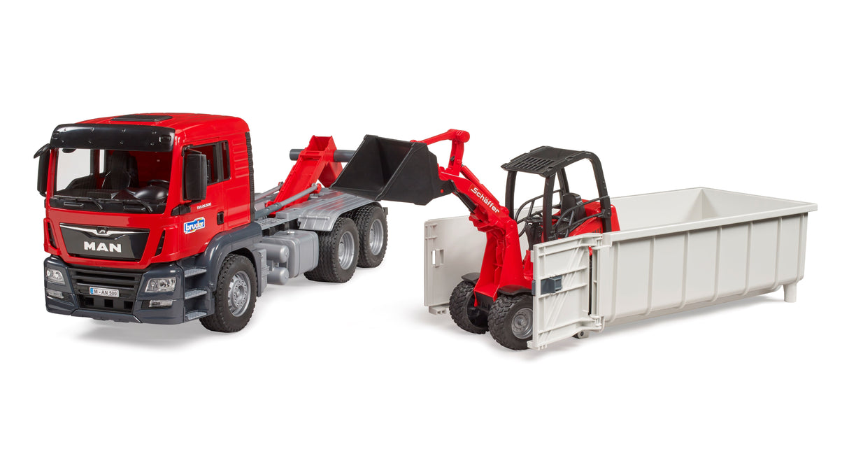 MAN TGS truck with roll-off container and Schäffer yard loader - Farm Toy