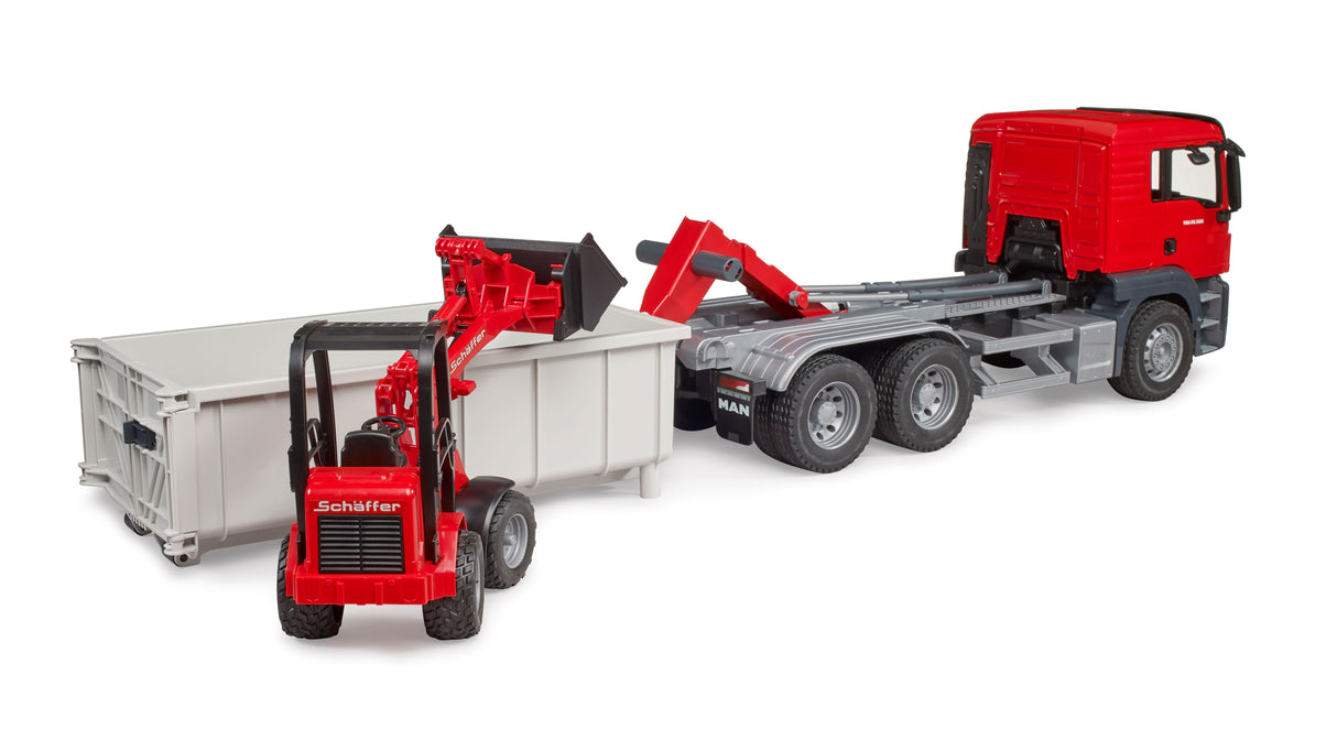 MAN TGS truck with roll-off container and Schäffer yard loader - Farm Toy