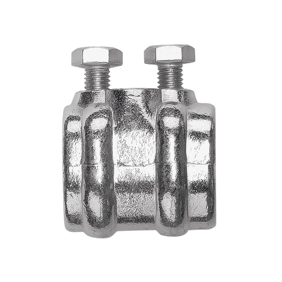 A silver-colored earth clamp for electric fences, showing two bolts on the top and a metallic body.