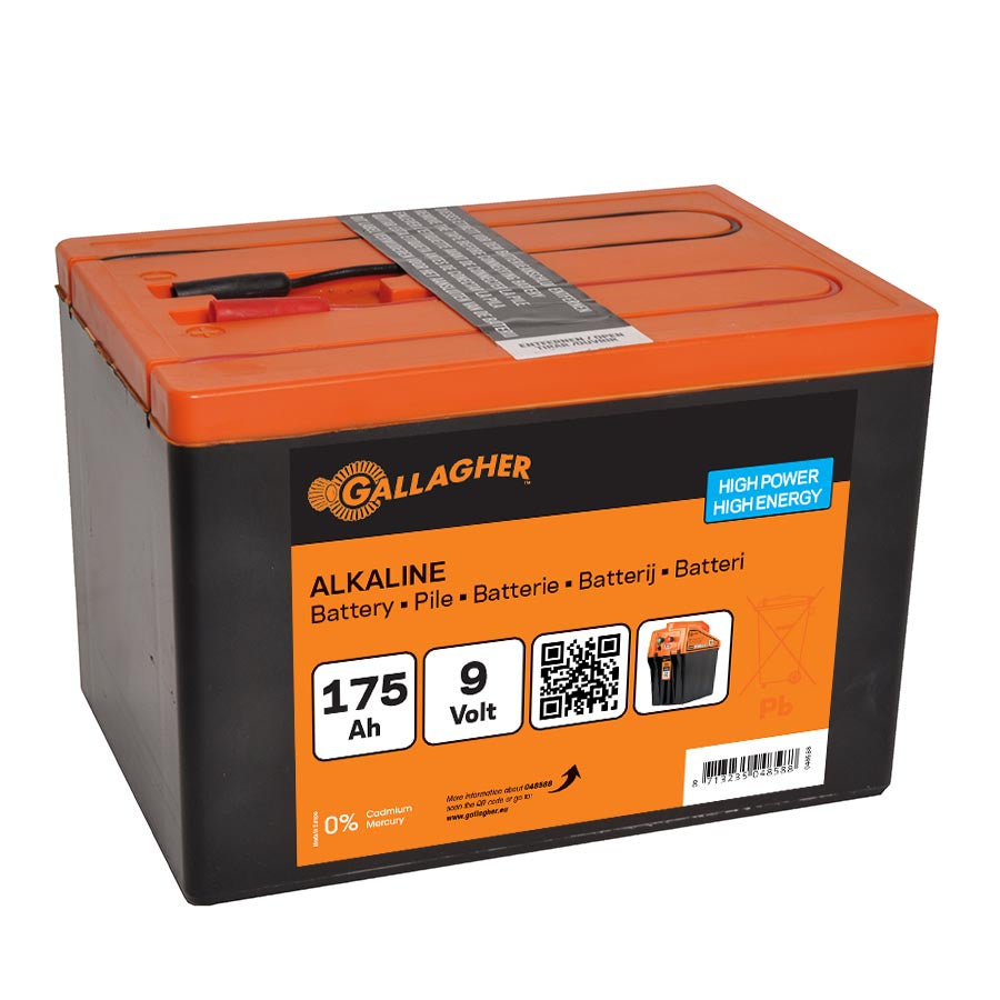 An alkaline battery with a black body and orange lid, labeled 175Ah 9 Volt, brand Gallagher, and marked as mercury-free.