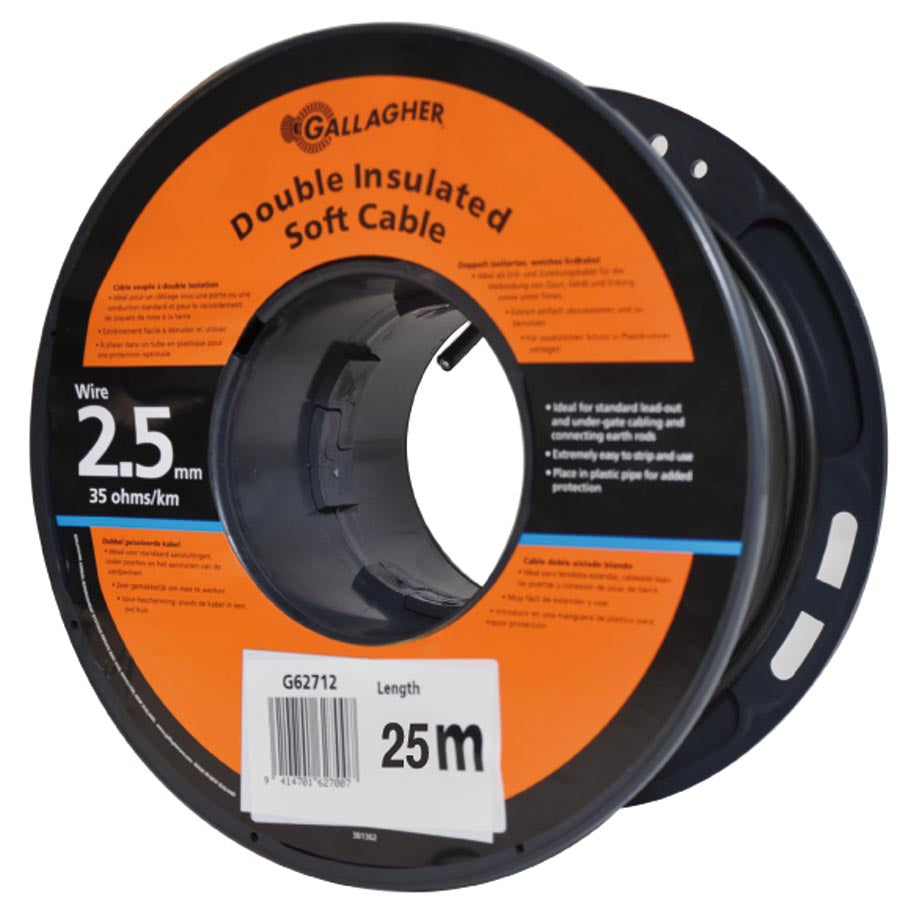 A spool of Gallagher double insulated soft cable, black in colour with orange labeling, 2.5mm in width, 25 meters in length, for use with electric fencing.