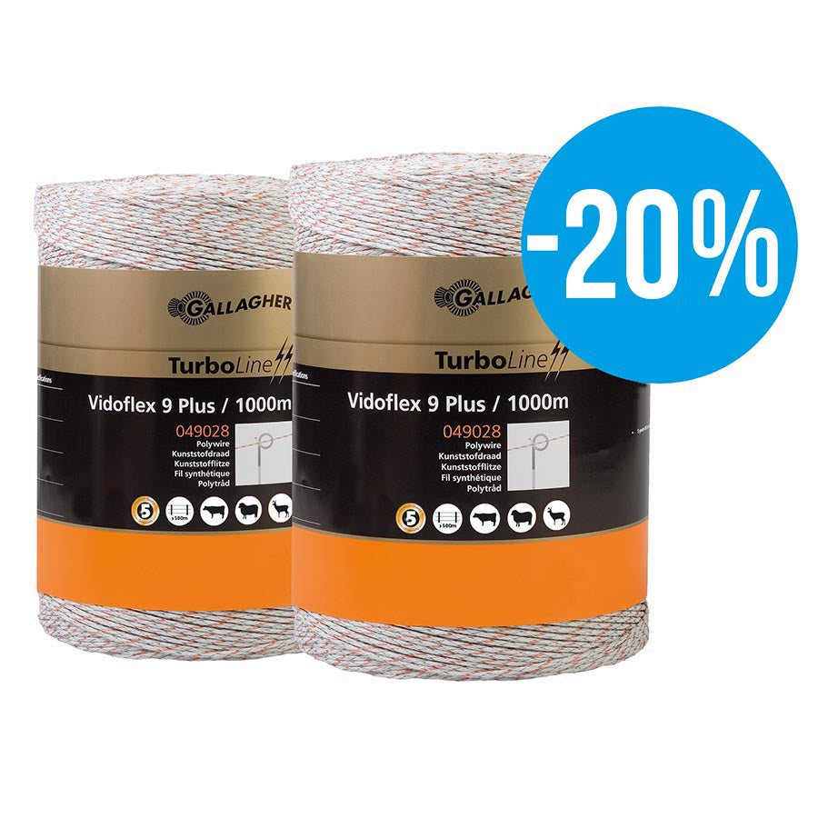 Two rolls of Gallagher Vidoflex 9 TurboLine Plus electric fencing wire, each 1000 meters long, predominantly white in color with packaging indicating the product details and a discount of -20%.