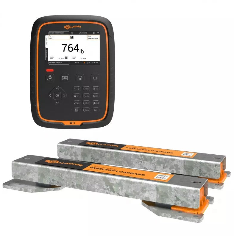 A wireless weigh kit by Gallagher, featuring a black and orange W-1 handheld device with a digital display and a set of grey, wireless loadbars.