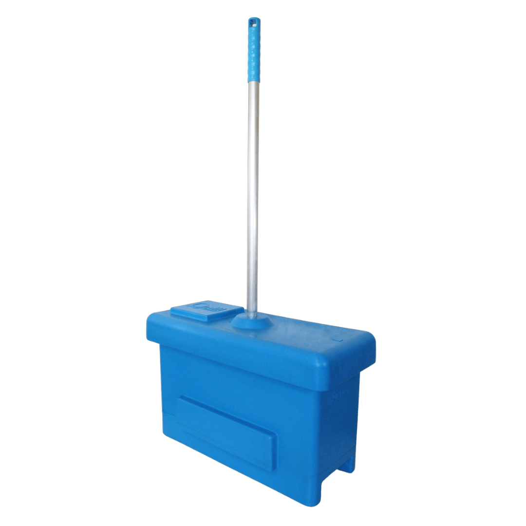 A blue boot dip with integral brush for cleaning and disinfecting shoes, with a cover and a handle.