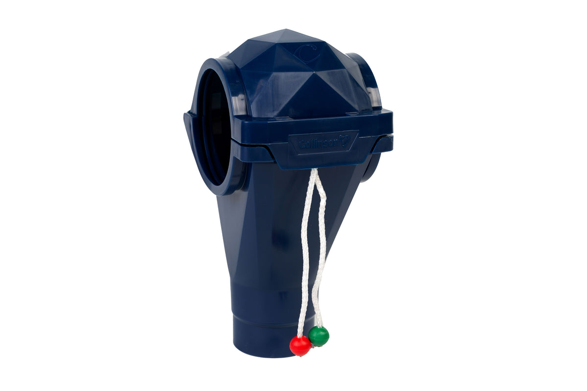 A blue 90mm centreless auger outlet with a shut off slide, designed for feeding applications in poultry equipment.
