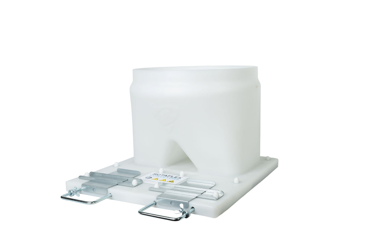 A white dual upper boot with gate valve slide units designed for horizontal application, primarily used in feeding systems for animals.