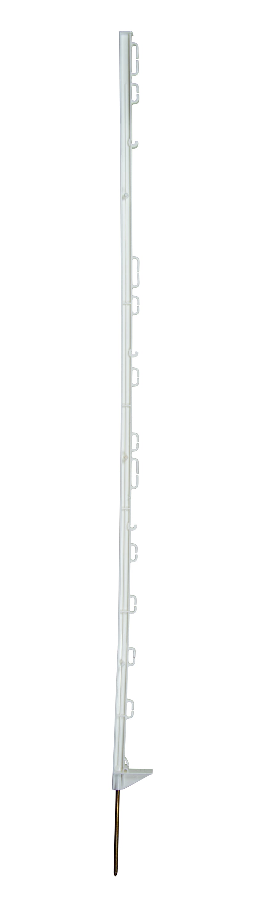 A 120cm white multiwire electric fence post with a white insulator at the bottom and 11 eyelets for attaching straps, ropes, and strands.
