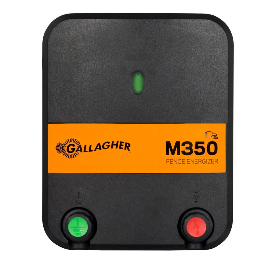 Gallagher M350 fence energizer with orange label on a white background
