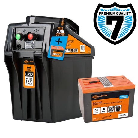 Gallagher BA30 battery fence energiser (9V/12V) including a Free 55Ah Battery
