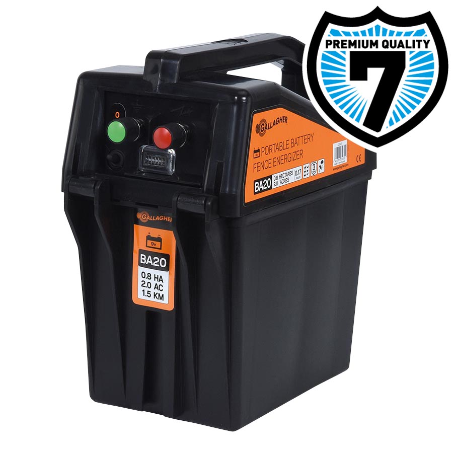 Gallagher BA20 battery energizer, black with orange and green detailing, indicating a 9V or 12V battery compatibility, and a capacity of 0.17J.