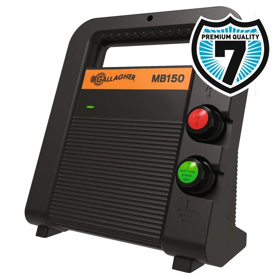 Gallagher MB150 electric fence energizer with visible brand logo on a white background