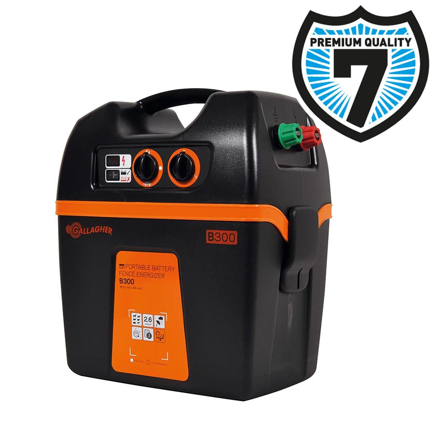 Gallagher B300 battery fence energiser in black and orange with branding and model details, indicated as a premium quality product.