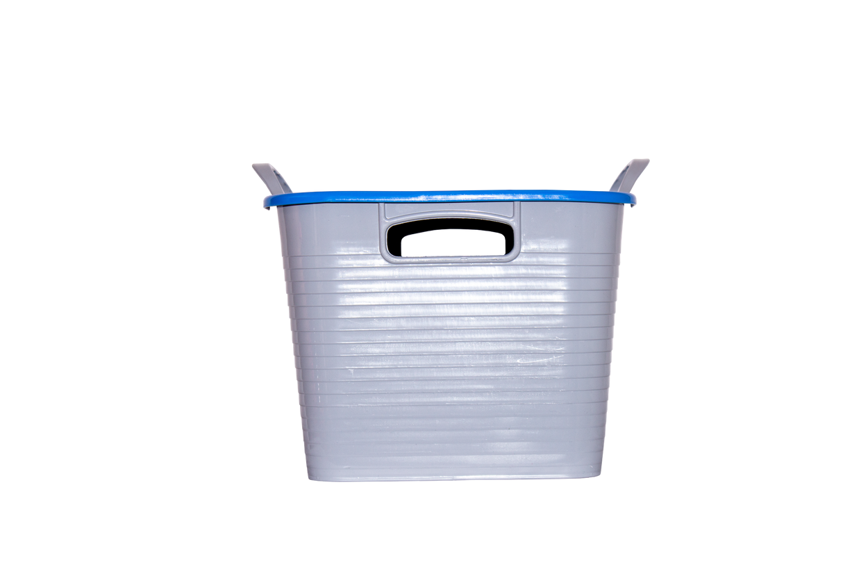 A gray plastic storage tub with blue handles and a black lid, part of the Gorilla Stack n Store product line.