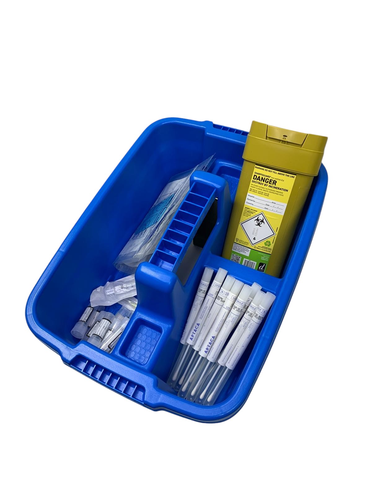A blue Gorilla Plas Tidee Tray with various cleaning supplies placed inside