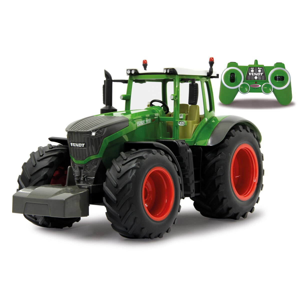 Remote controlled Fendt 1050 Vario tractor toy in green with large black treaded rubber tyres and orange details, accompanied by a 2.4GHz remote control.