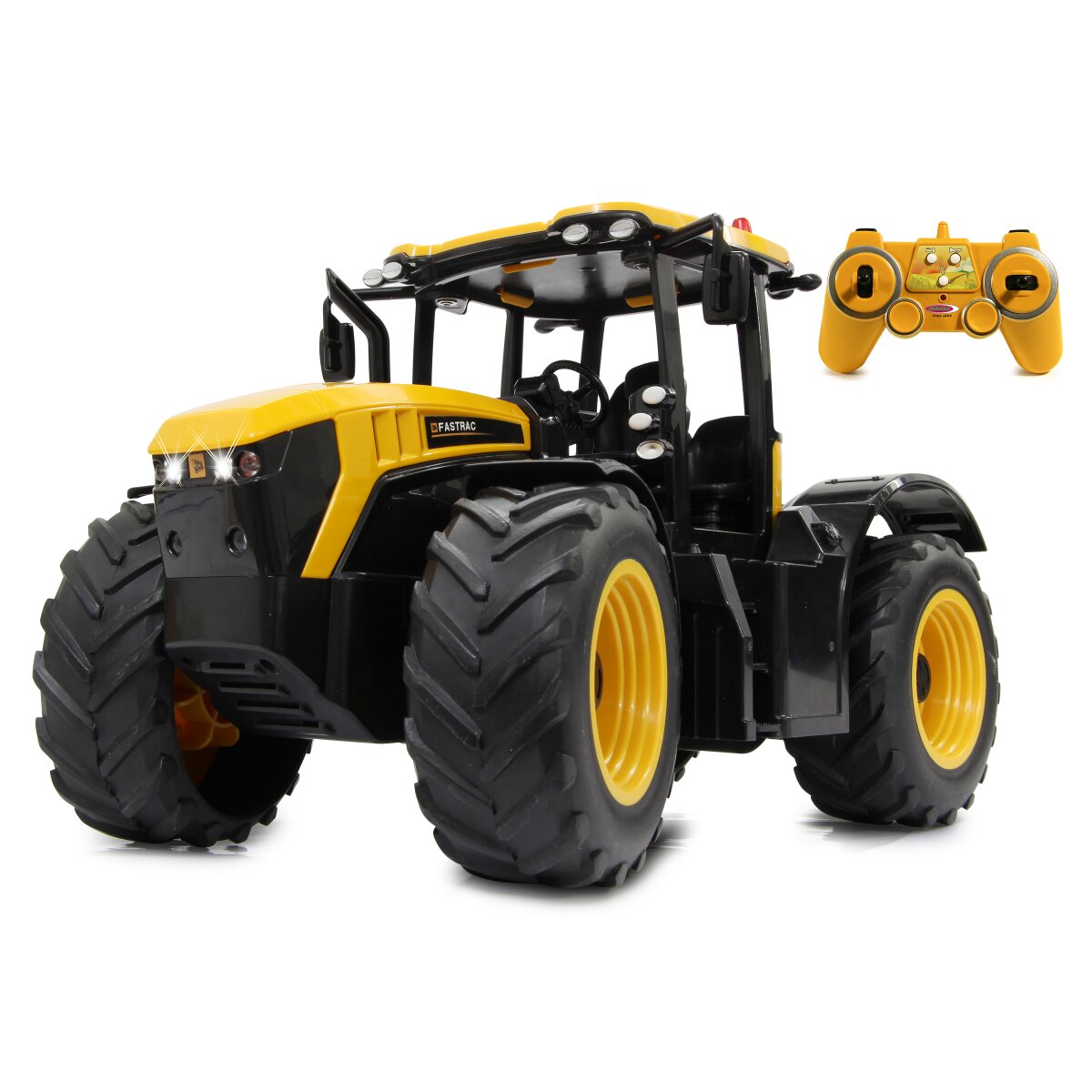 Remote controlled JCB Fastrac tractor in yellow with black wheels and accents, accompanied by a 2.4 GHz remote control.