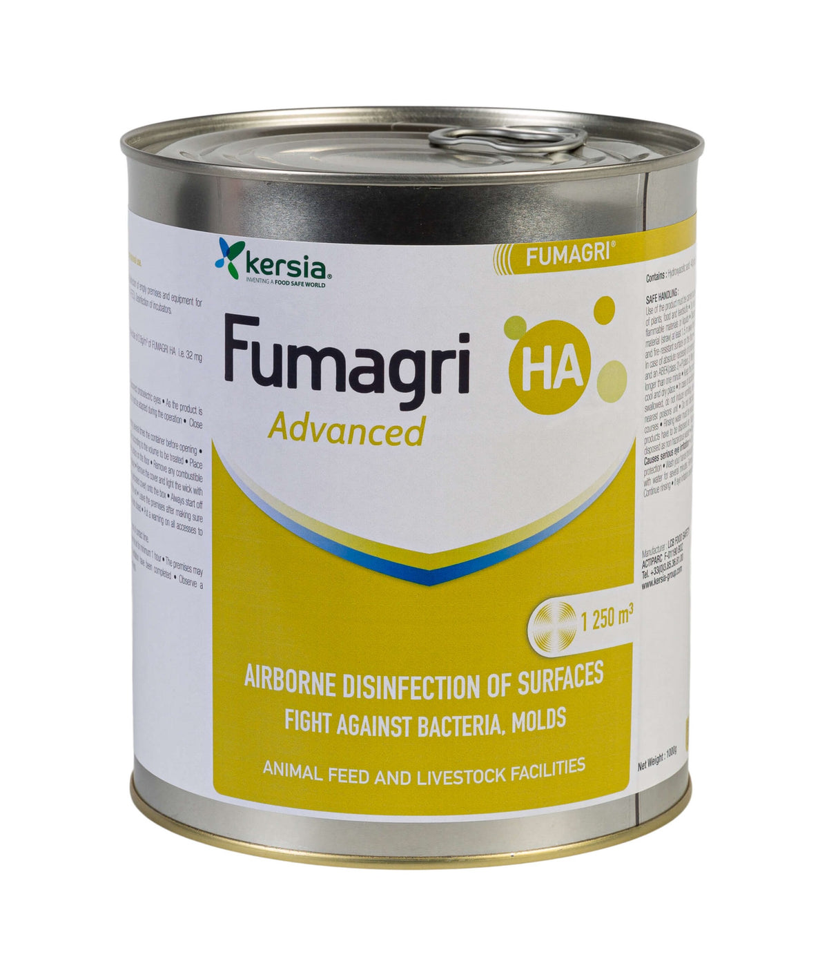 A can of Fumagri HA Advanced disinfectant, which is used for poultry house fumigation and disinfection.