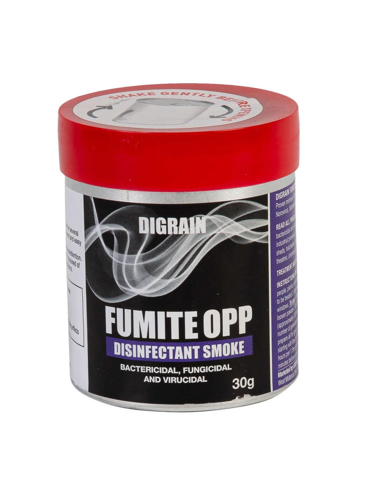 A 30g tin of Digrain Fumite OPP disinfectant smoke.