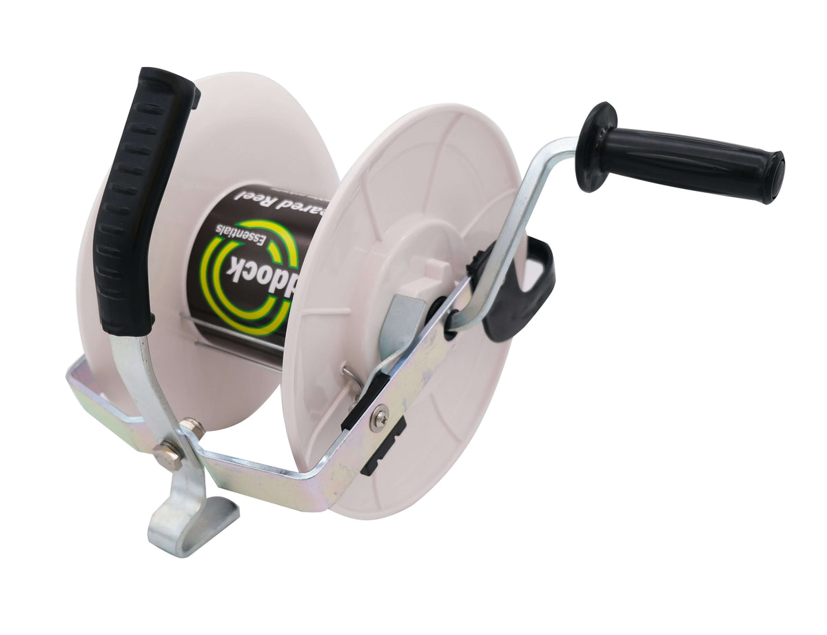 Retractable cable reel with black handles on a white background