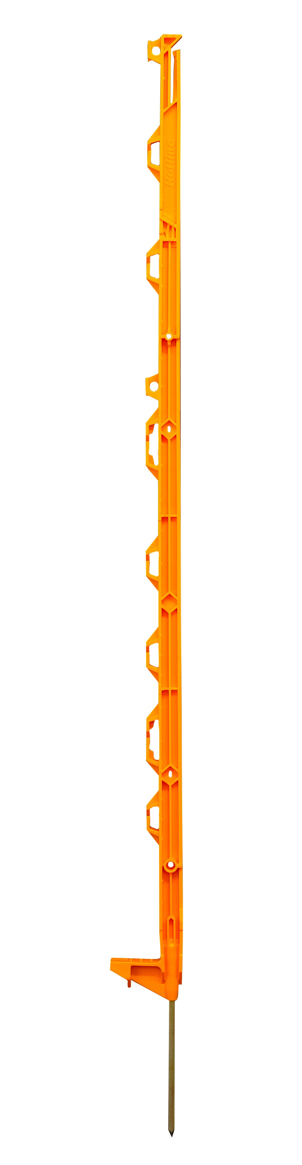 An orange Hotline 108cm multiwire electric fence post with an 'H' section design and a single steel spike.