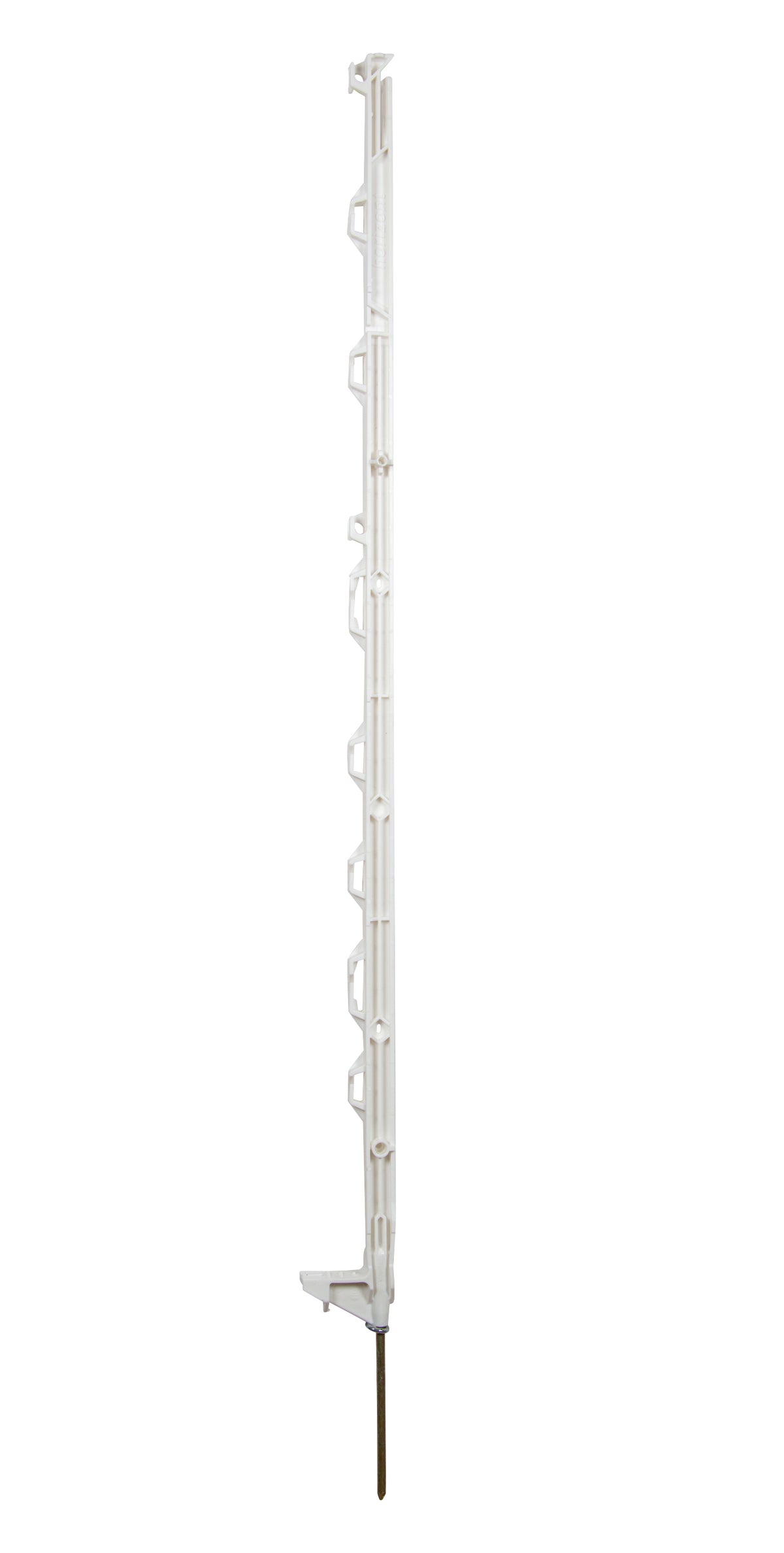 A white, 108cm Hotline multiwire electric fence post with an 'H' section design and a single steel spike at the bottom.