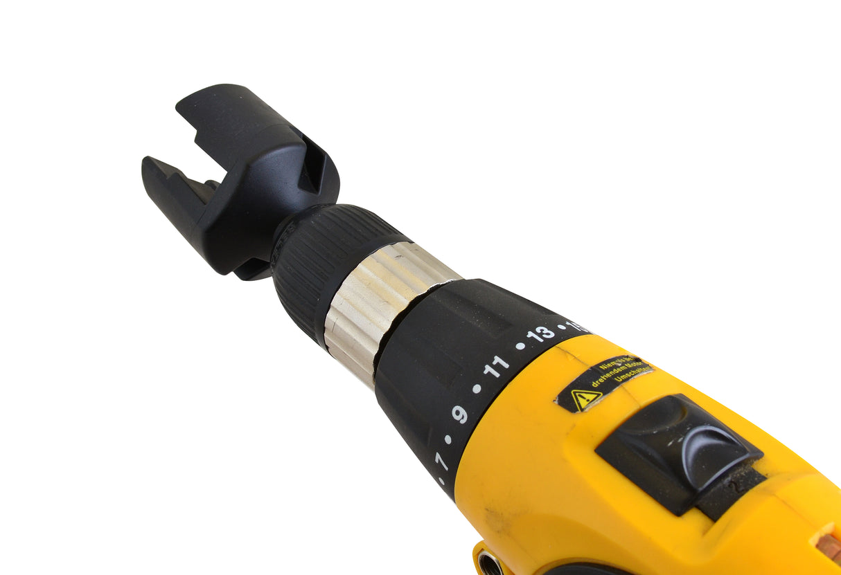 A close-up image of a black speed chuck attachment fitted on a yellow drill handle, designed for quick and easy fitting of screw-in insulators.
