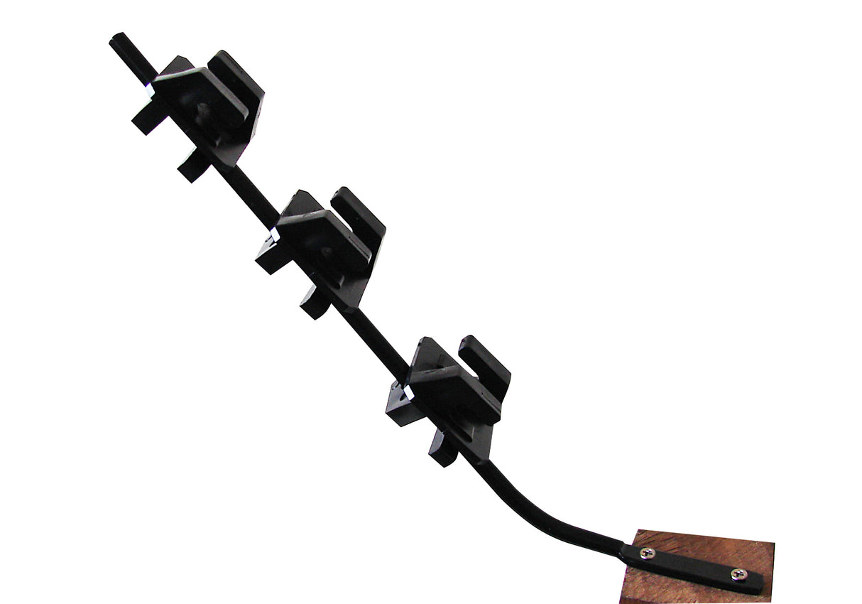 A series of black angled steel brackets attached to a wooden post, designed for wire fencing in a garden or pond setting.