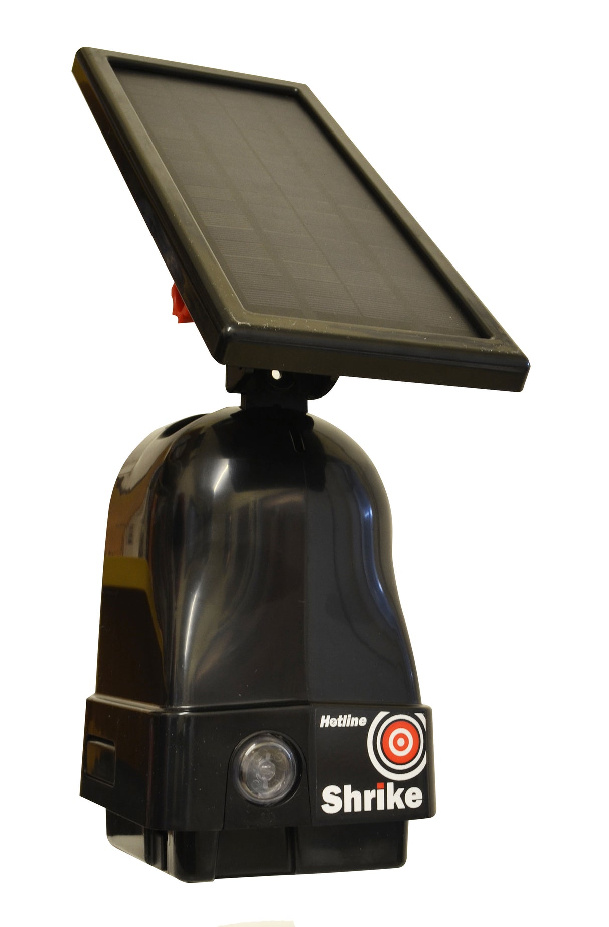 A black Hotline Shrike fence energizer with a solar panel on top and a hanging case.