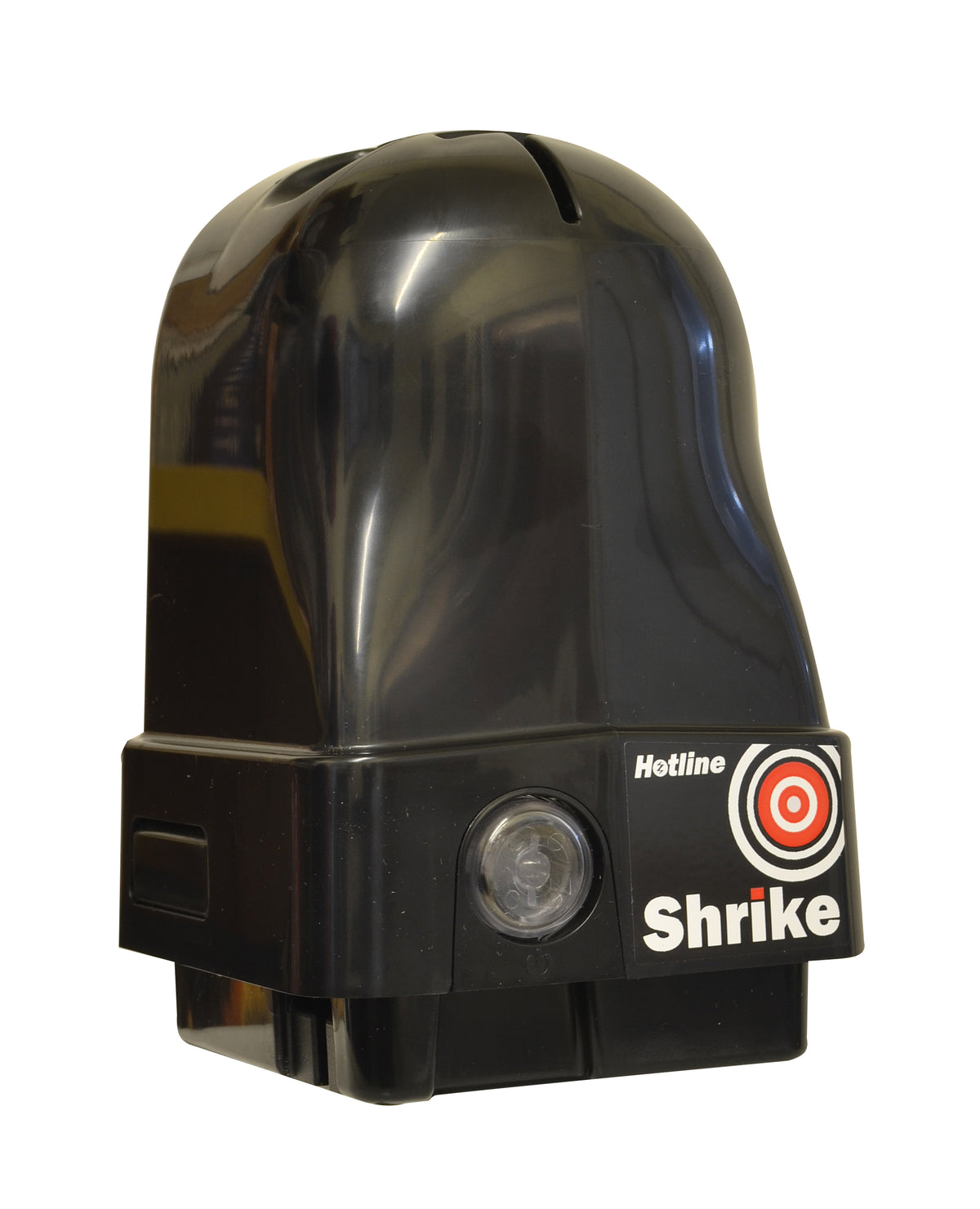 A black Hotline Shrike battery-powered fence energizer with a unique hanging case and an on/off switch.