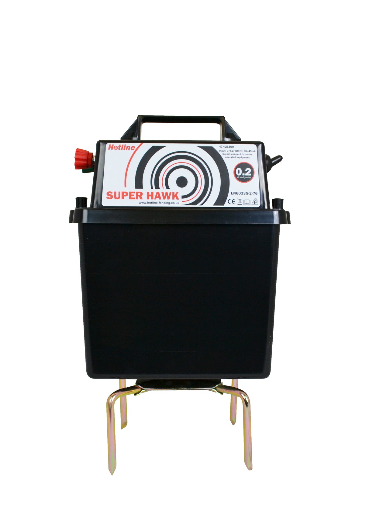 A Hotline Super Hawk battery-powered fence energizer with a black casing, standing on a metal base with a handle on top.