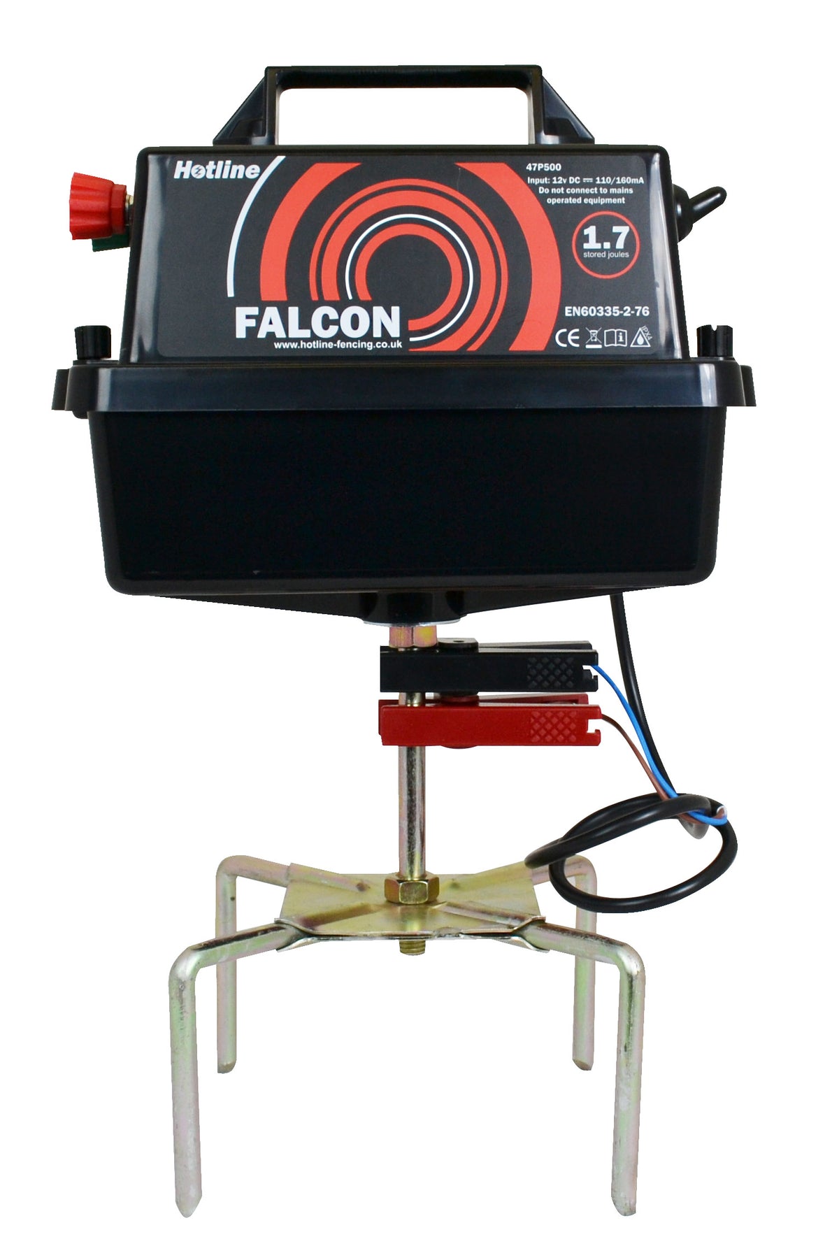 A Hotline Falcon battery-powered energizer for electric fencing, with a 4-prong stand.