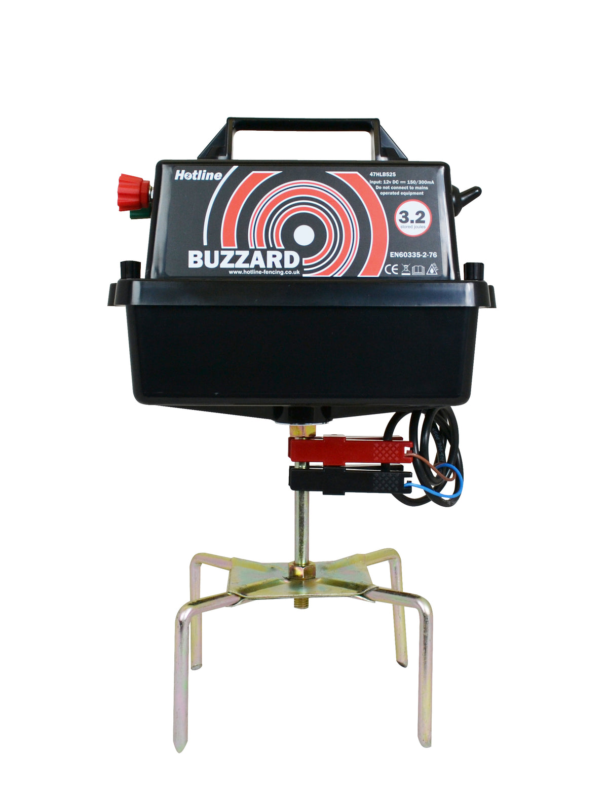 A Hotline Buzzard battery-powered energizer for electric fencing, featuring a black casing, mounted on a rigid 4-prong stand.