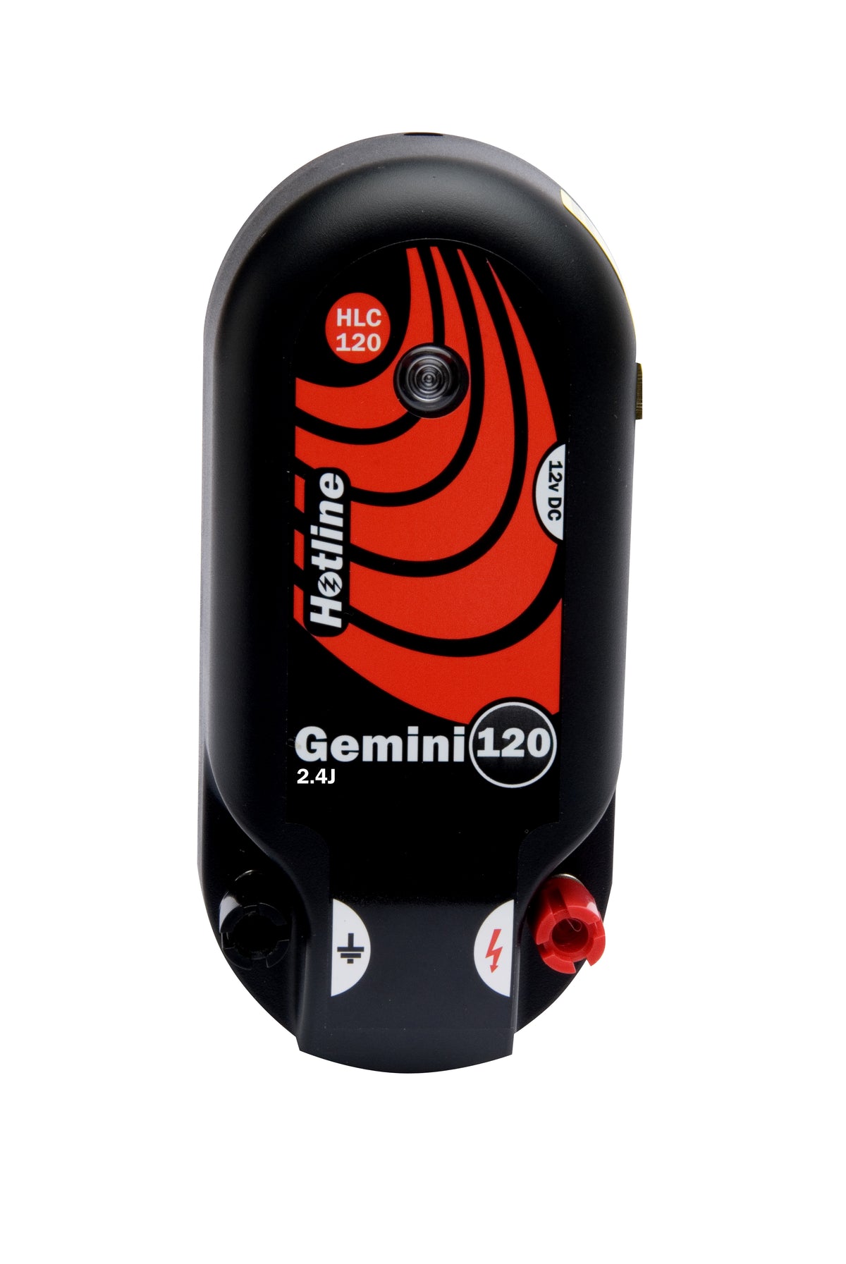 A black Hotline Gemini 120 battery-powered energizer with red and gray accents and branding details.