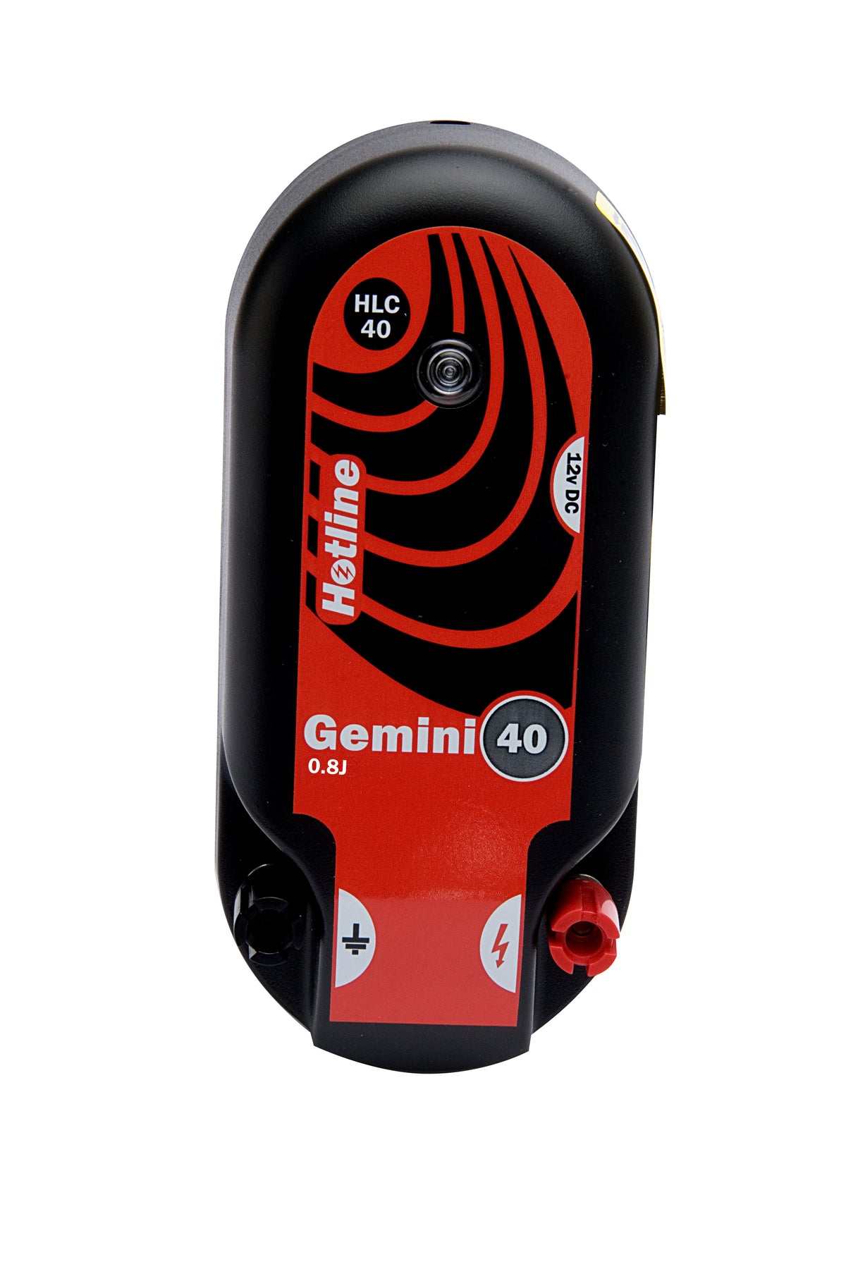 A Hotline Gemini 40 energiser, primarily black and red in color, with branding and model details visible.
