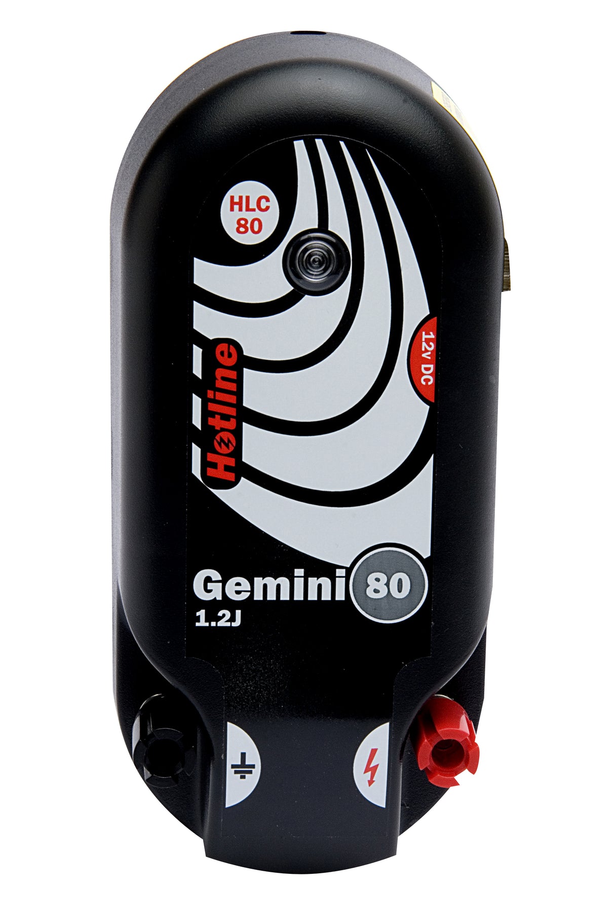 A black Hotline Gemini 80 energiser, with red and white accents and various symbols and text displayed on the front.