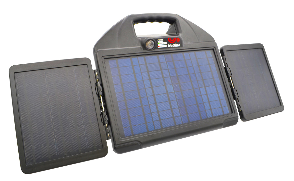 A Hotline Fire Drake 200 solar energiser with a folding 24-watt solar panel array and internal 12-volt battery